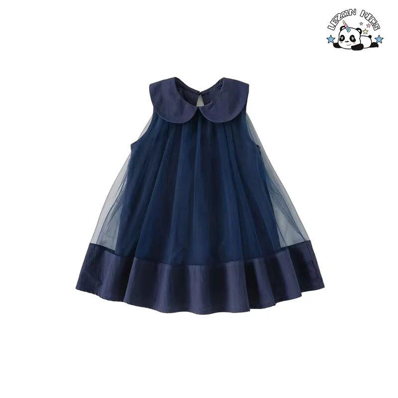 LEZONKIDS - Novos Tendências de atacado vestidos de meninas doces sem manga com renda e tule macio e botão pequeno